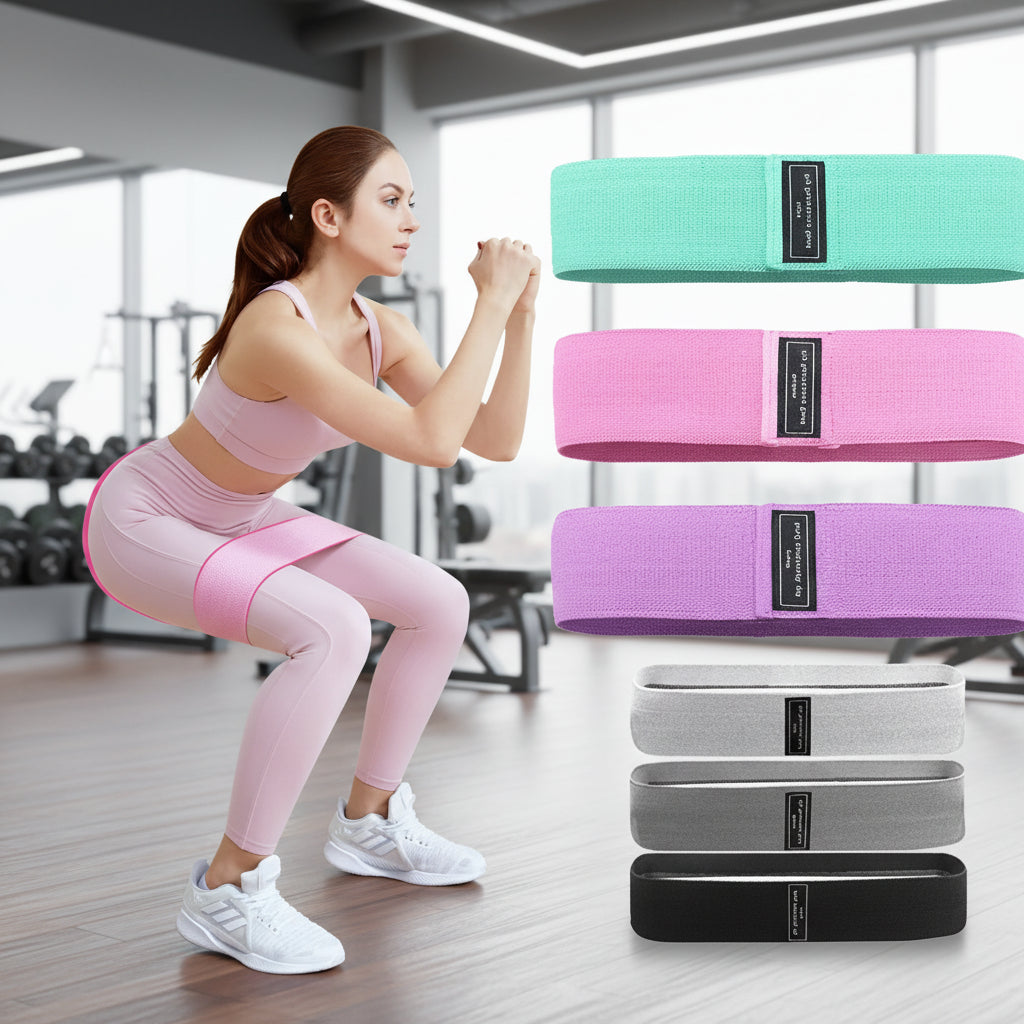 Woman exercising with resistance bands in various colors on a white background