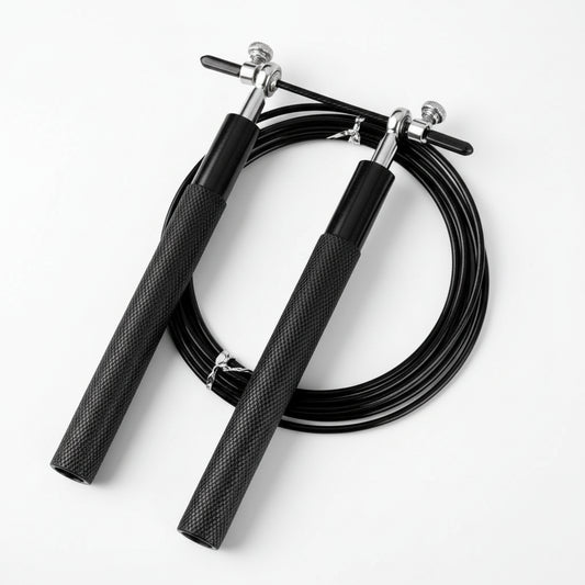 Black jump rope with textured handles on a white background, featuring the 'WorthWhile' brand.